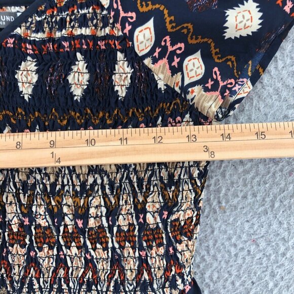 Earthbound Dress Womens Medium Navy Multi Fit & Flare Smocked Bodice Sweetheart - Picture 9 of 11